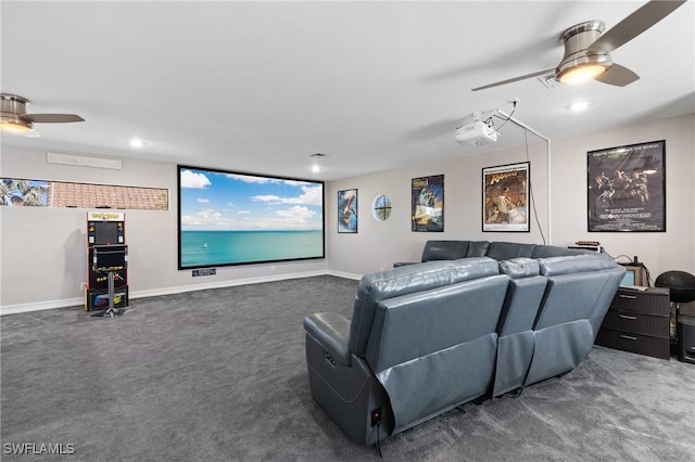 home theater featuring dark colored carpet