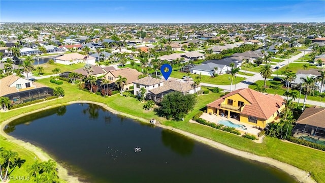 aerial view featuring a water view