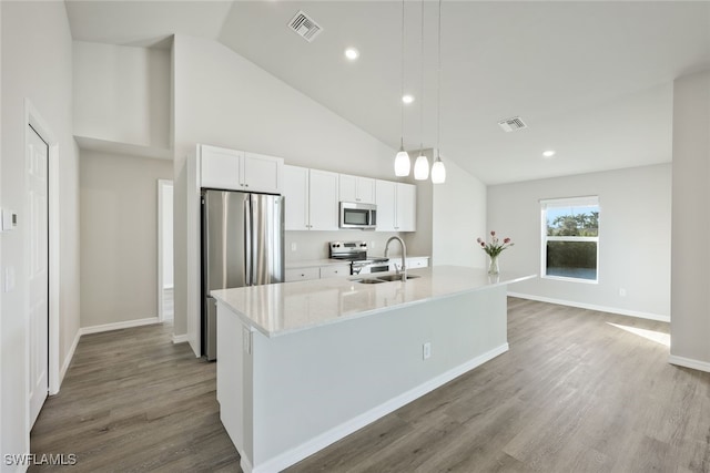 kitchen with pendant lighting, a center island with sink, sink, white cabinetry, and stainless steel appliances