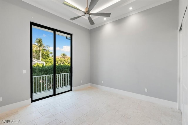 empty room featuring recessed lighting, baseboards, ceiling fan, and stone tile flooring