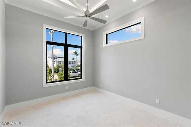 empty room with baseboards, ceiling fan, and recessed lighting