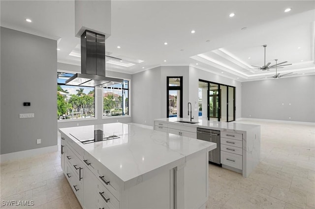 kitchen with island range hood, a large island, black electric cooktop, stainless steel dishwasher, and sink