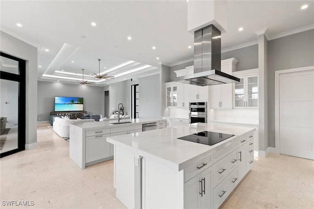 kitchen with a large island, island exhaust hood, a sink, open floor plan, and appliances with stainless steel finishes