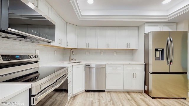 kitchen with sink, white cabinetry, light wood-type flooring, appliances with stainless steel finishes, and a raised ceiling