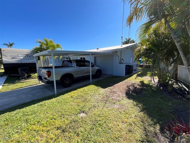 view of property exterior with a lawn and a carport