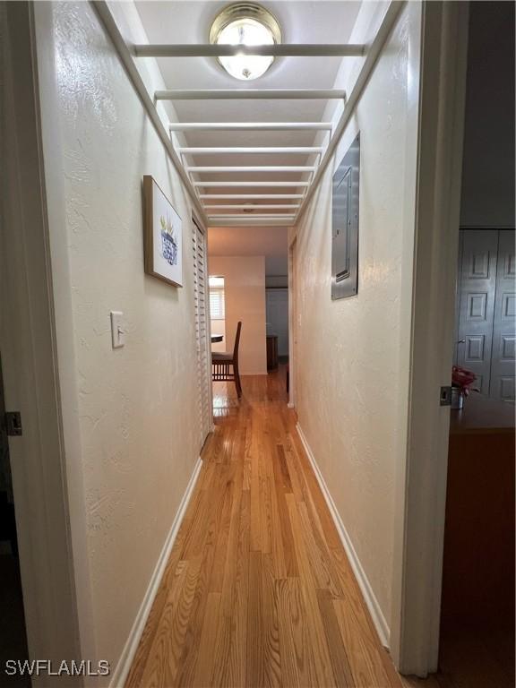 corridor featuring electric panel and light hardwood / wood-style floors