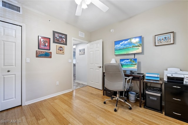 home office featuring light hardwood / wood-style flooring and ceiling fan