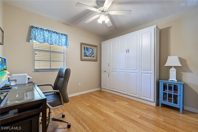 home office with ceiling fan and light hardwood / wood-style flooring