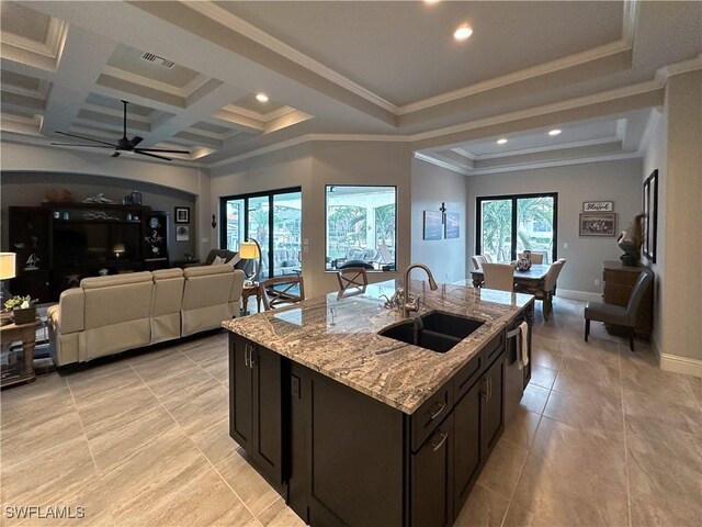 kitchen with ceiling fan, sink, a healthy amount of sunlight, light stone countertops, and an island with sink