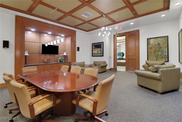 carpeted dining area featuring a chandelier and coffered ceiling