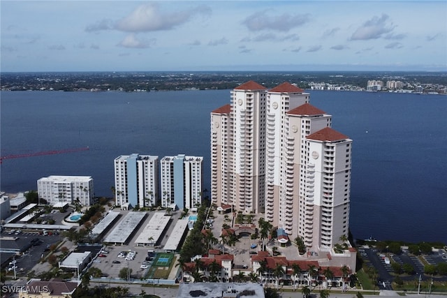 birds eye view of property featuring a water view