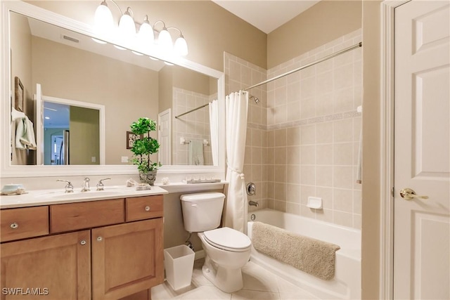 full bathroom with toilet, tile patterned flooring, shower / tub combo with curtain, and vanity