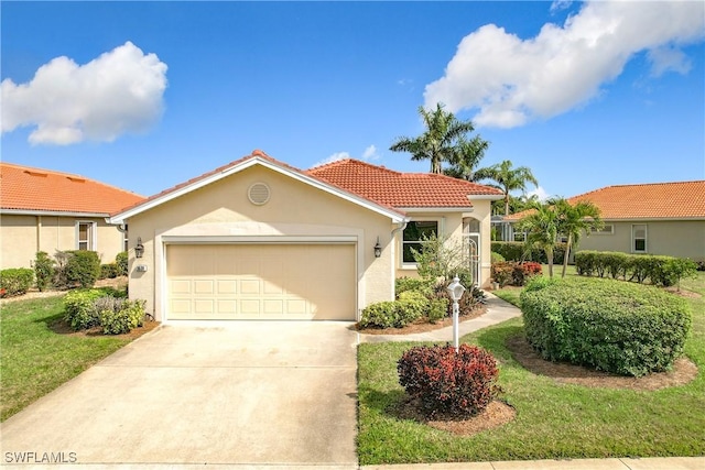 mediterranean / spanish-style house featuring a garage, a tile roof, concrete driveway, stucco siding, and a front yard