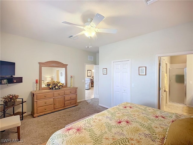 bedroom featuring a ceiling fan, light colored carpet, visible vents, and baseboards