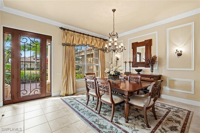 tiled dining area with an inviting chandelier and crown molding