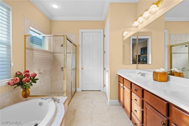 bathroom with tile patterned flooring, plus walk in shower, and ornamental molding