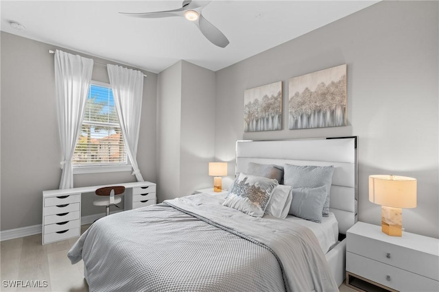 bedroom featuring ceiling fan and light hardwood / wood-style floors