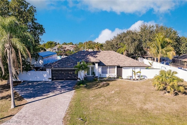 view of front of property with a front yard and a garage