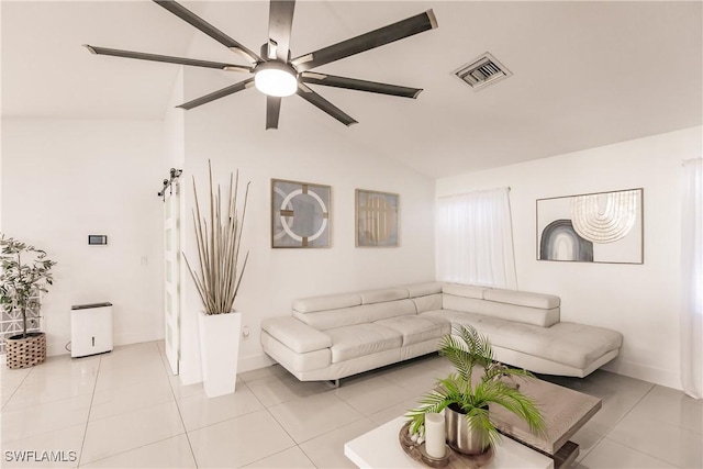 tiled living room with lofted ceiling and ceiling fan