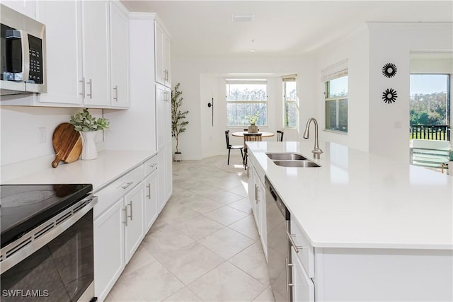 kitchen with sink, white cabinetry, an island with sink, and stainless steel appliances