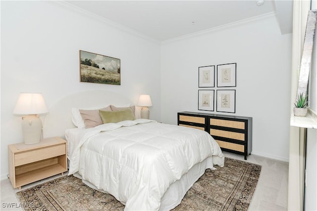 bedroom with light carpet and crown molding