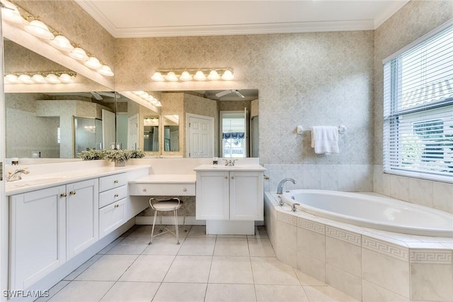 bathroom with crown molding, tile patterned flooring, a wealth of natural light, and vanity