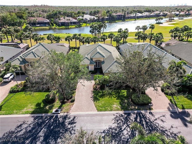 aerial view featuring a water view