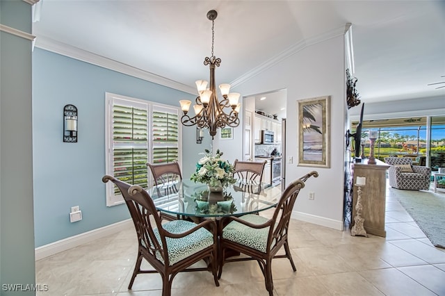 tiled dining area featuring crown molding, a chandelier, and lofted ceiling