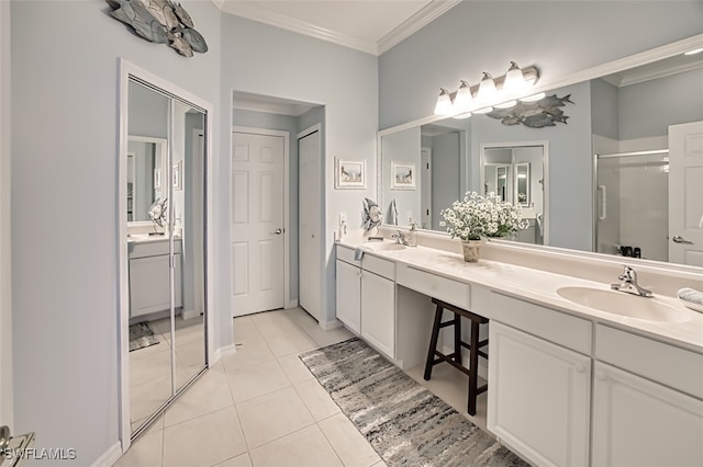 bathroom with an enclosed shower, vanity, tile patterned floors, and crown molding