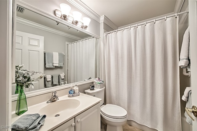 full bathroom with toilet, shower / tub combo, tile patterned floors, ornamental molding, and vanity