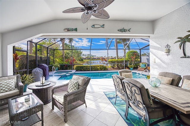 view of patio / terrace with ceiling fan, glass enclosure, a swimming pool with hot tub, and outdoor lounge area