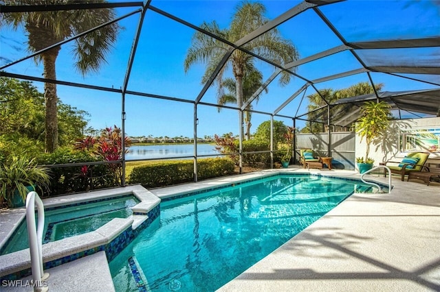 view of swimming pool with a patio area, glass enclosure, a water view, and an in ground hot tub