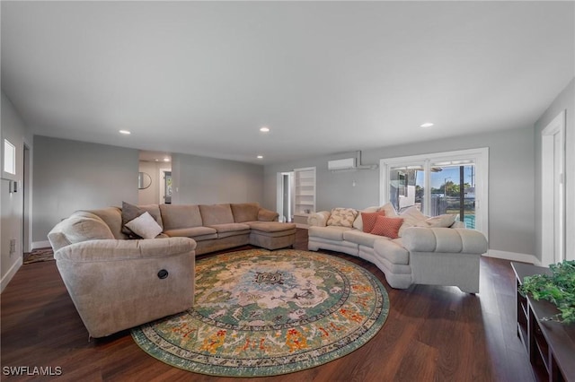 living room featuring dark wood-type flooring