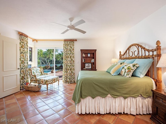 tiled bedroom featuring access to exterior and ceiling fan