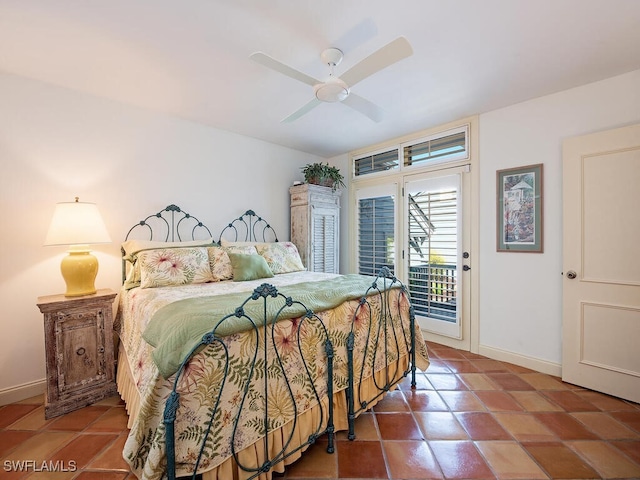 bedroom with tile patterned flooring, access to exterior, and ceiling fan