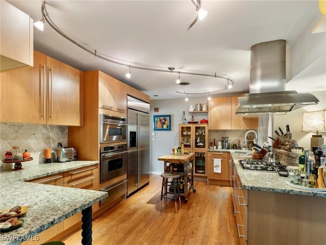 kitchen featuring decorative backsplash, island range hood, light wood-type flooring, and appliances with stainless steel finishes