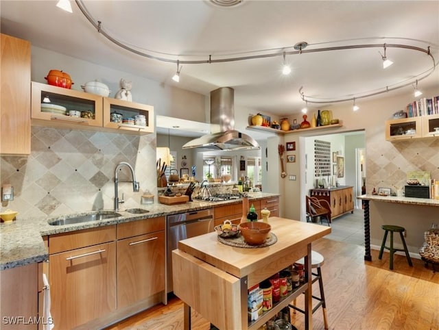 kitchen featuring light stone counters, tasteful backsplash, appliances with stainless steel finishes, and island range hood