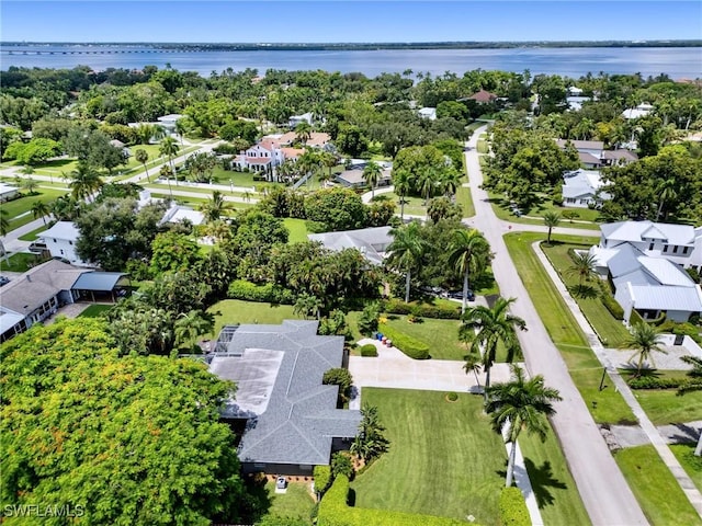 aerial view featuring a water view