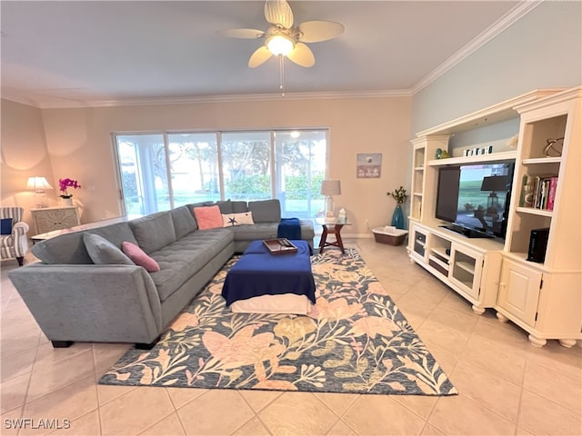 living room featuring light tile patterned flooring, ceiling fan, and ornamental molding