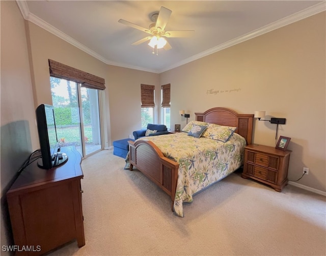 bedroom featuring ceiling fan, carpet, crown molding, and access to exterior