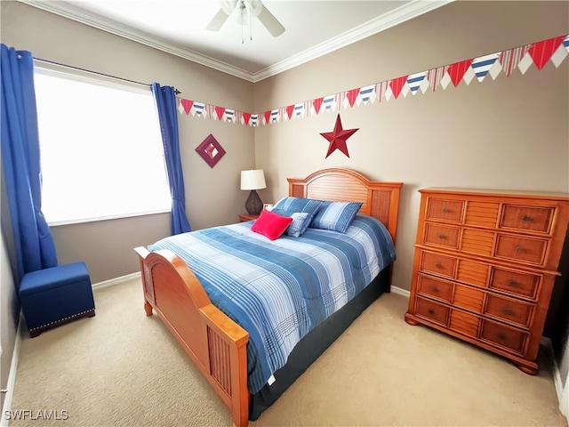 bedroom with ceiling fan, ornamental molding, and light colored carpet