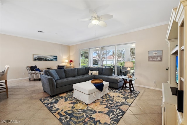 tiled living room featuring crown molding and ceiling fan