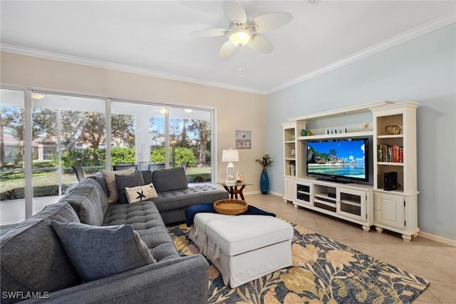 living room with crown molding, ceiling fan, and light tile patterned floors