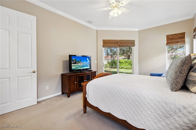 bedroom featuring crown molding, light colored carpet, access to exterior, and multiple windows