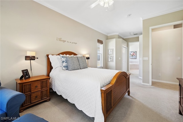 bedroom featuring crown molding, connected bathroom, light colored carpet, and ceiling fan