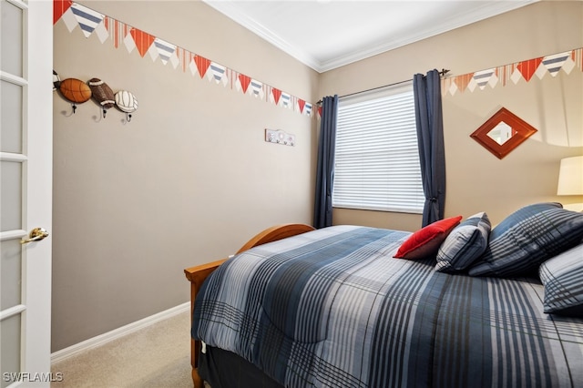 bedroom with ornamental molding and light carpet