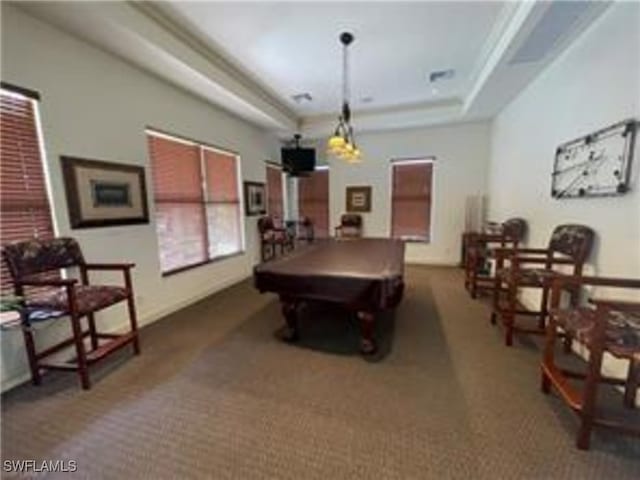 game room featuring pool table and a raised ceiling