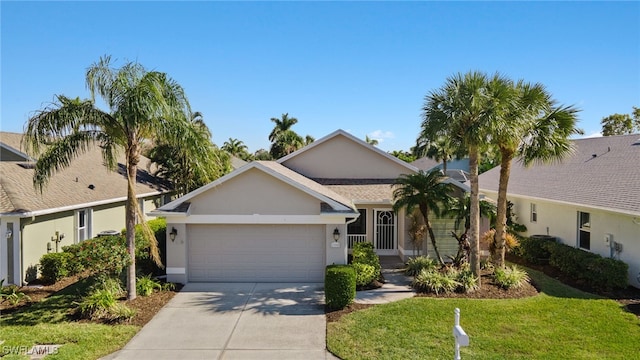 view of front of property with a garage and a front yard