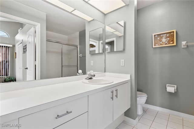 bathroom featuring tile patterned floors, vanity, toilet, and an enclosed shower