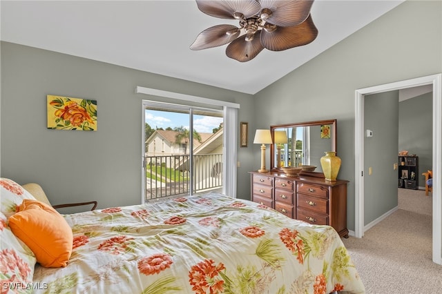 carpeted bedroom with access to exterior, vaulted ceiling, and ceiling fan